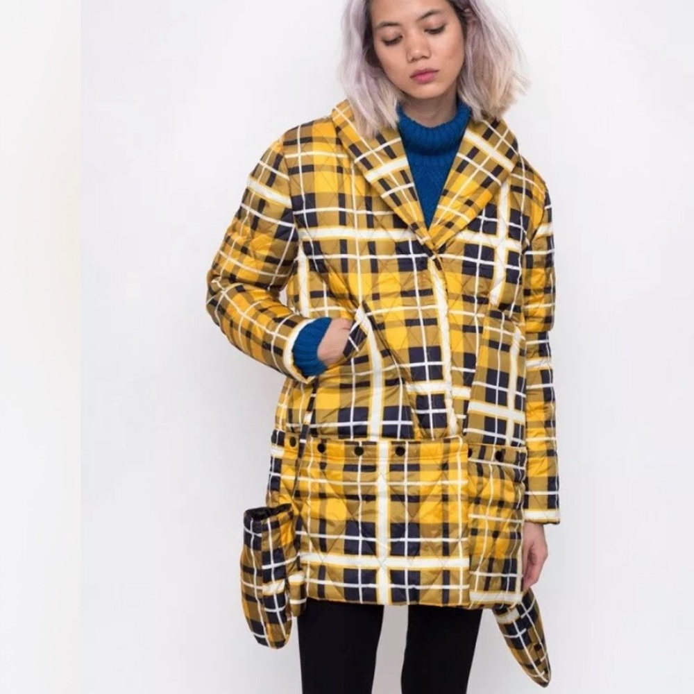 House of Sunny Yellow Plaid Jacket UK 10 US 6 Matching Mittens Snap Short / Long
